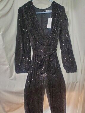 Baltic Born Sequin Jumpsuit Small Black Retro Style Funky Classic Flare Leg NWT